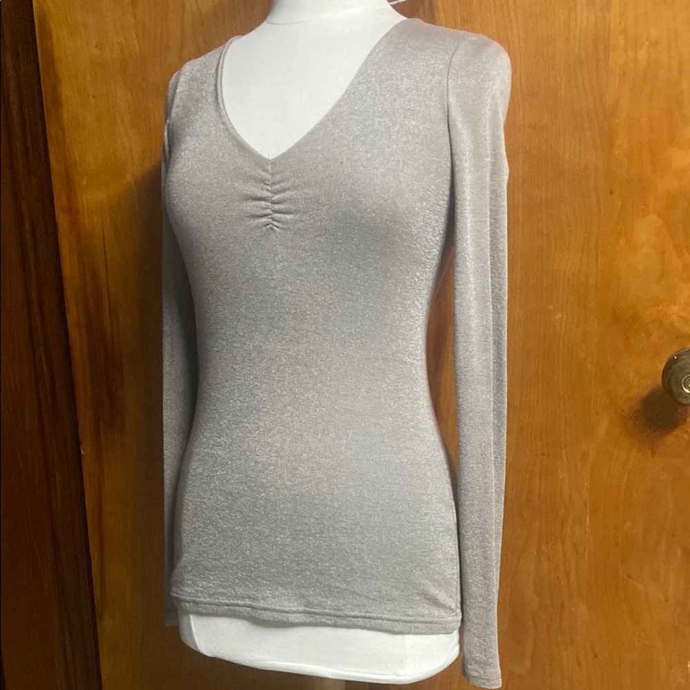 Michael Stars Taupe Greige Fitted Ruched Shine Tee OSFM MED New Made in the USA